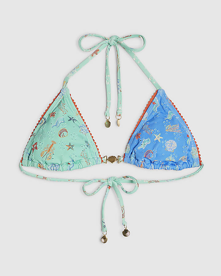 Blue Shell Print Triangle Bikini Top