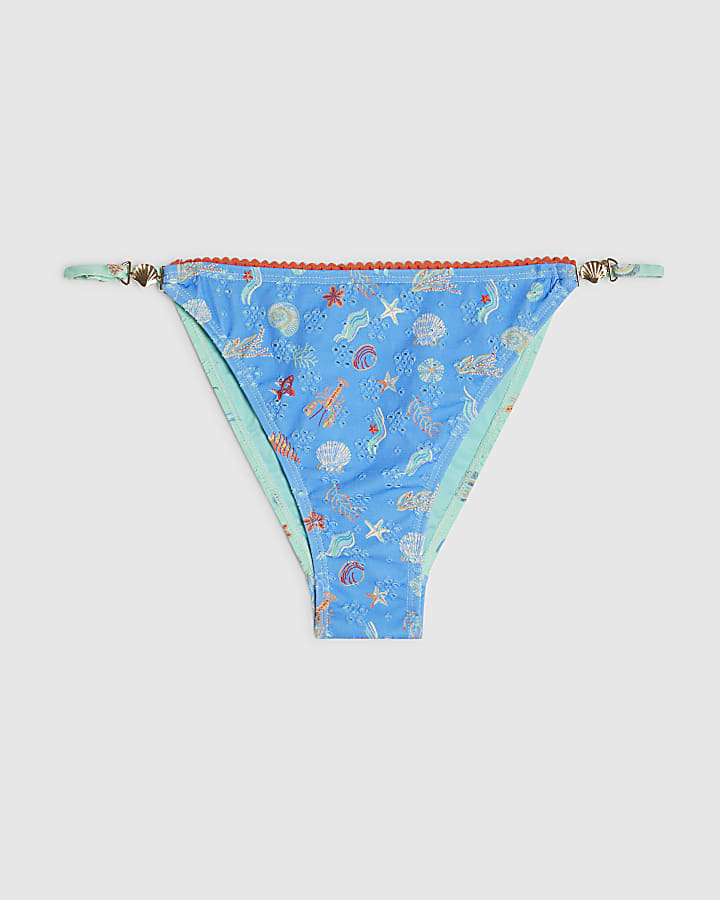 Blue High Leg Shell Print Bikini Bottoms
