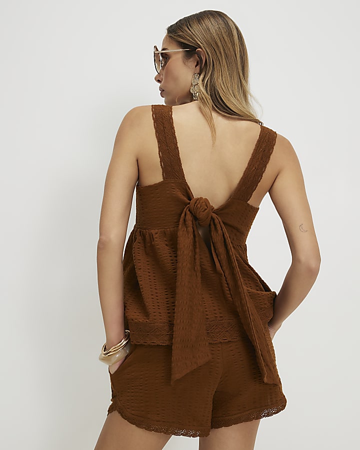 Brown Seersucker Embroidered Shorts