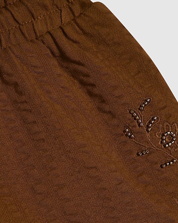 Brown Seersucker Embroidered Shorts