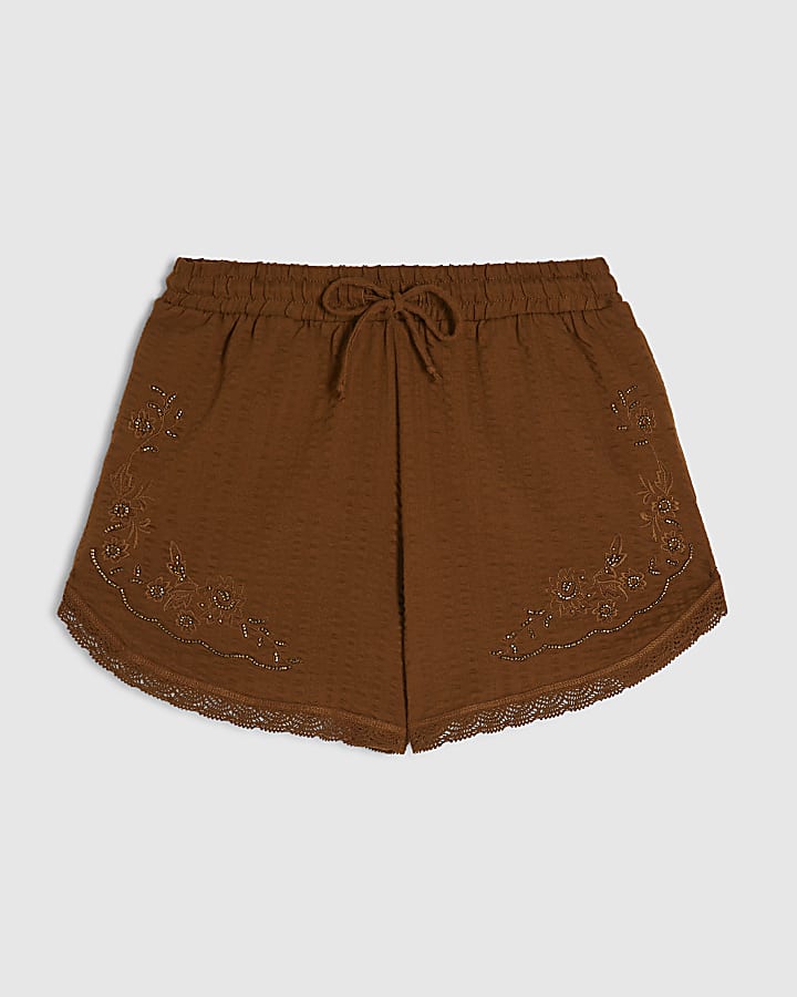 Brown Seersucker Embroidered Shorts