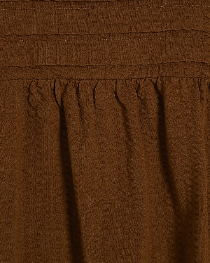 Brown Seersucker Pleated Tank Top