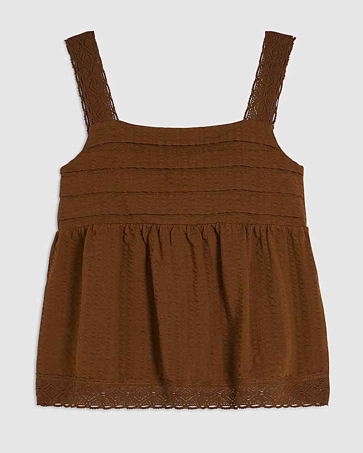 Brown Seersucker Pleated Tank Top