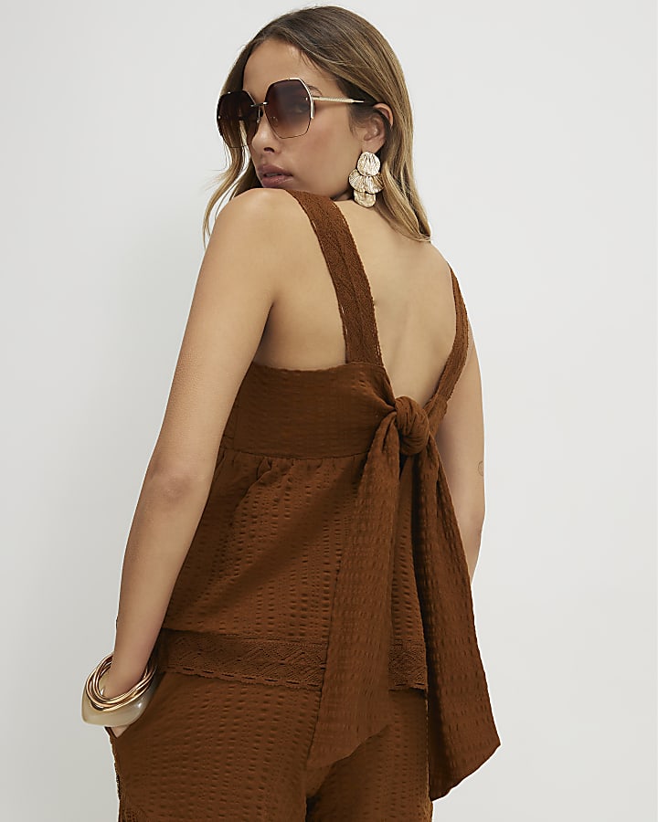 Brown Seersucker Pleated Tank Top