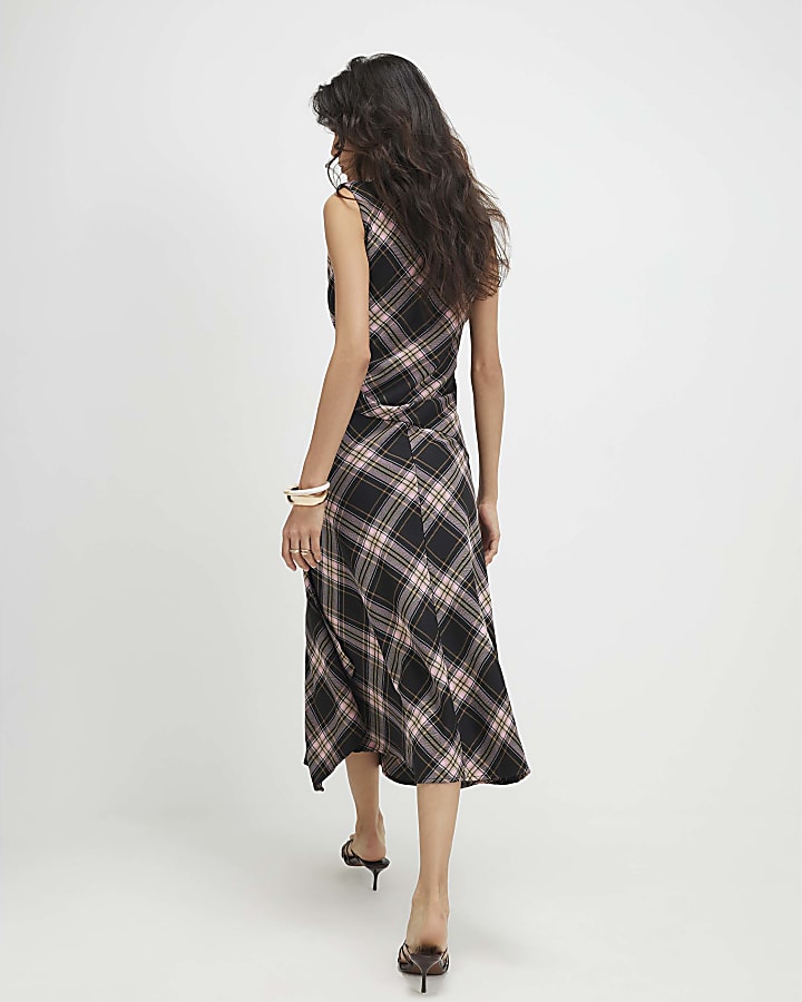 Pink Check Cowl Neck Asymmetric Midi Dress