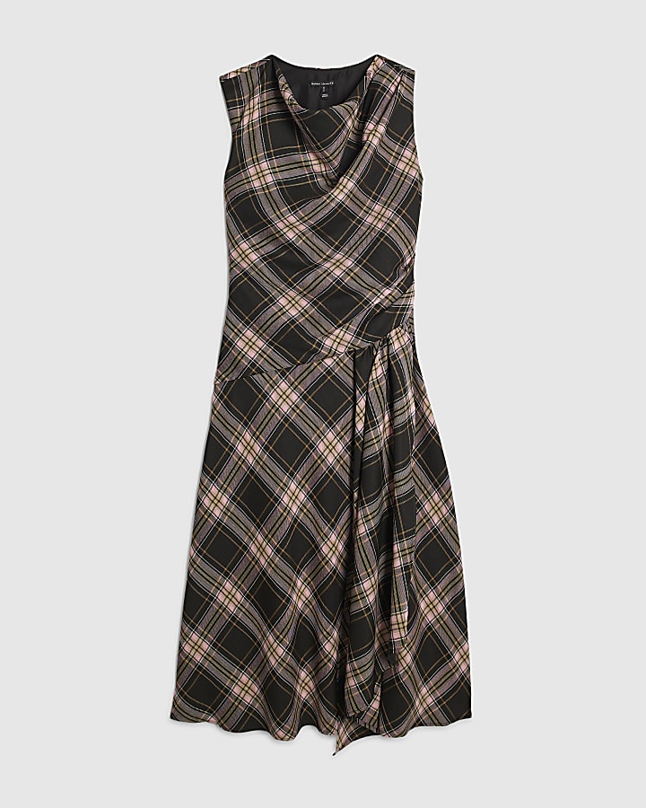 Pink Check Cowl Neck Asymmetric Midi Dress