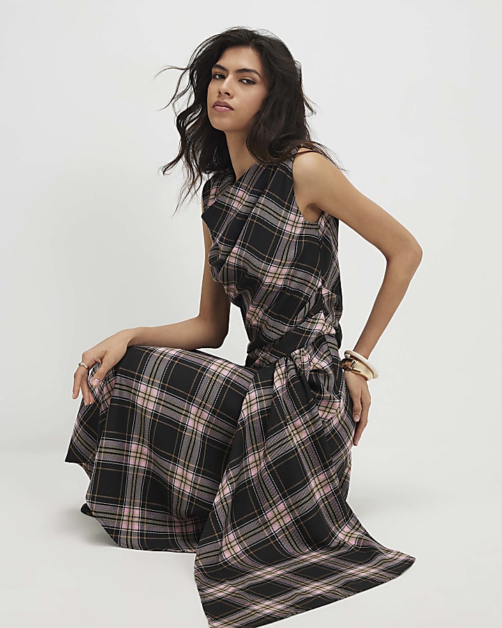 Pink Check Cowl Neck Asymmetric Midi Dress