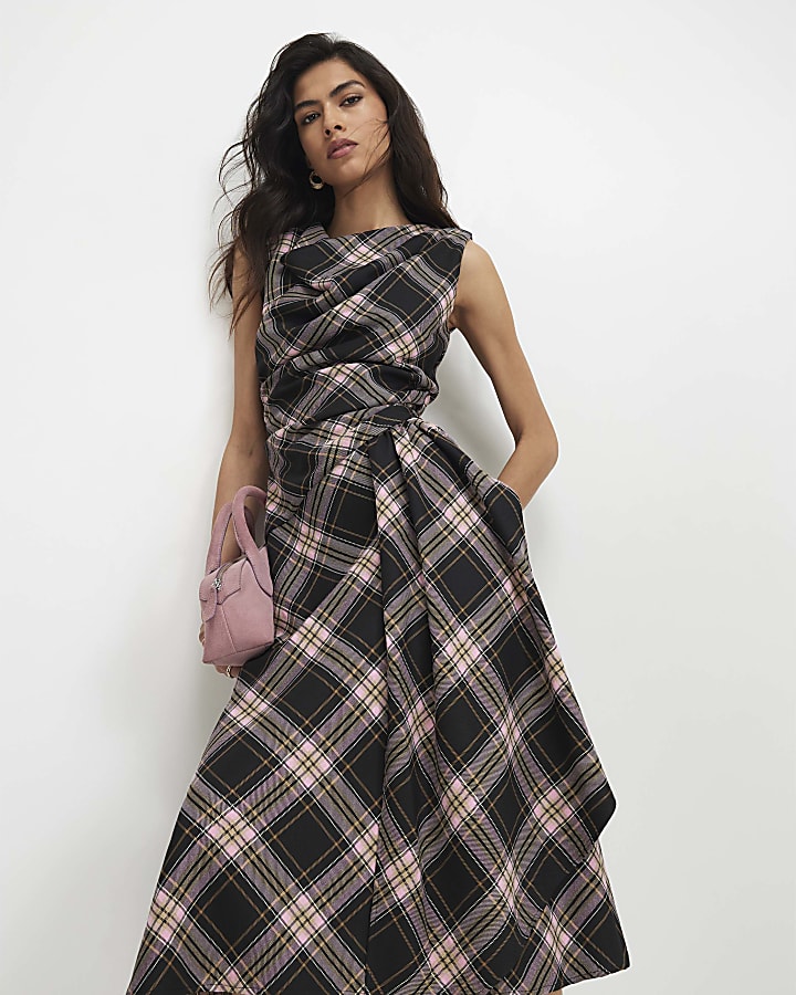 Pink Check Cowl Neck Asymmetric Midi Dress