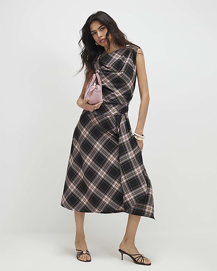Pink Check Cowl Neck Asymmetric Midi Dress