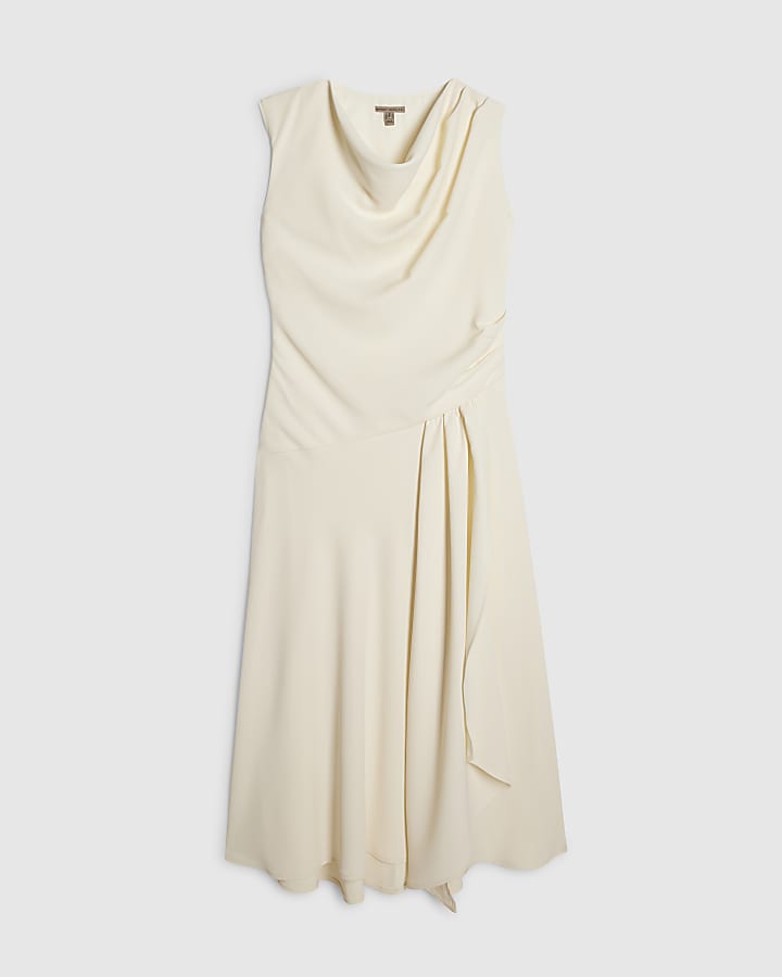 Cream Cowl Neck Asymmetric Midi dress
