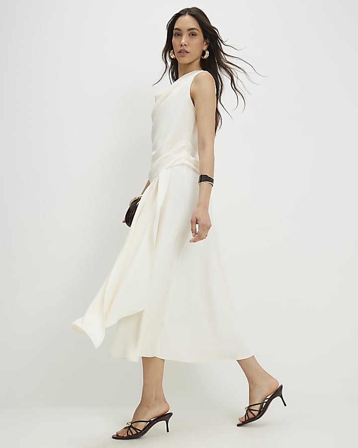 Cream Cowl Neck Asymmetric Midi dress