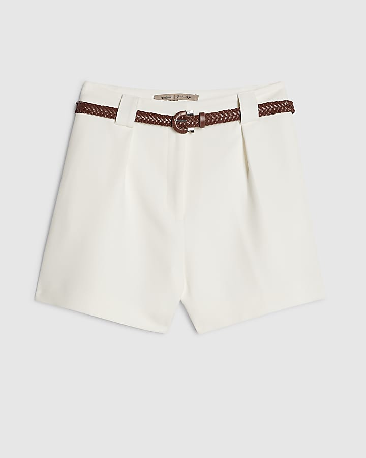 White Plaited Belt Tailored Shorts
