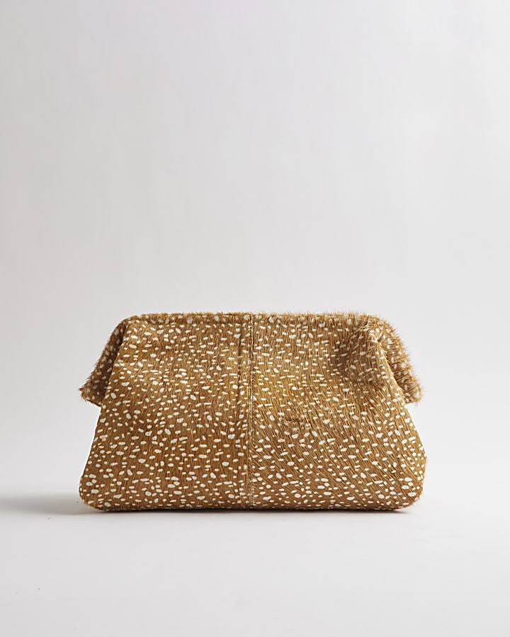 Brown Deer Print Hair On Leather Clutch Bag