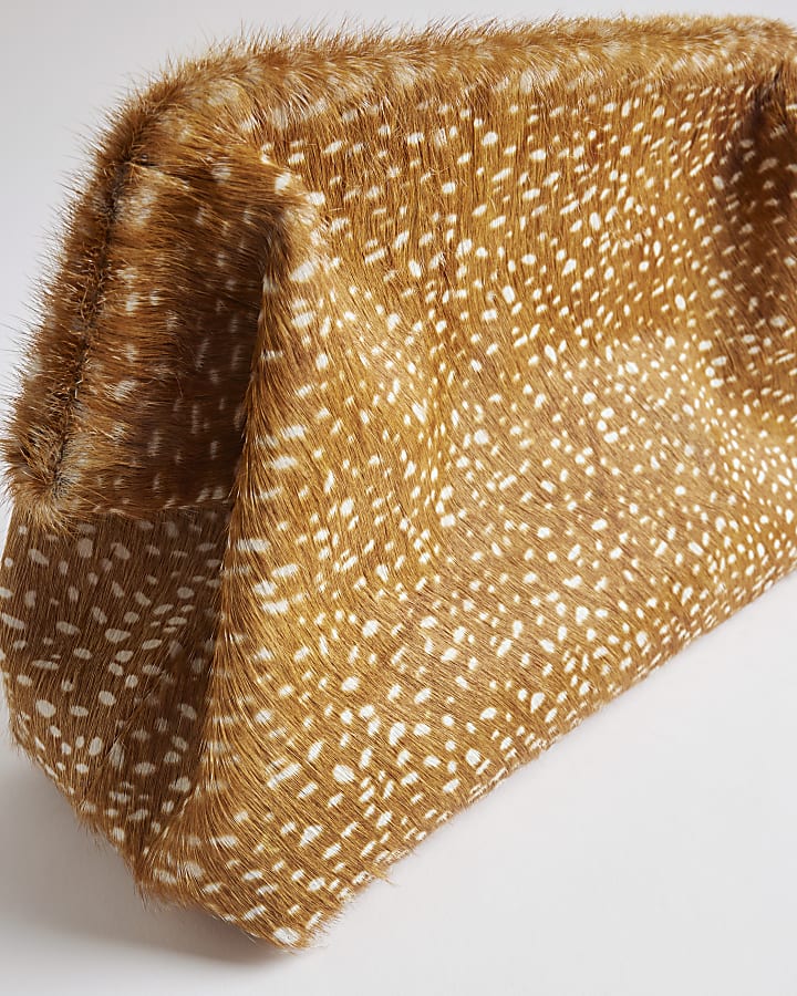 Brown Deer Print Hair On Leather Clutch Bag