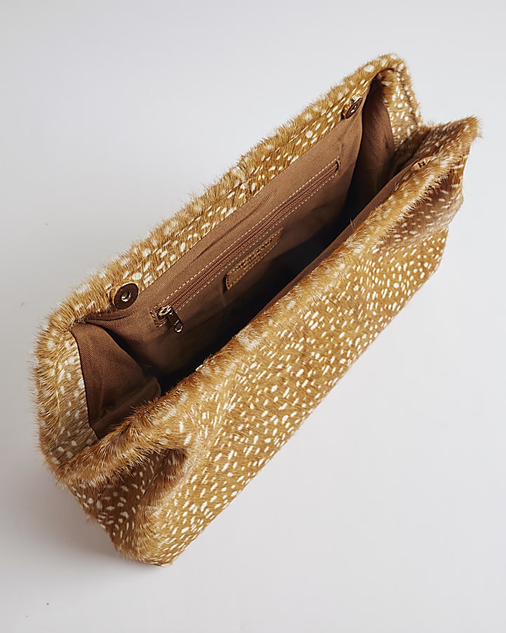 Brown Deer Print Hair On Leather Clutch Bag