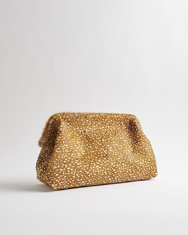 Brown Deer Print Hair On Leather Clutch Bag