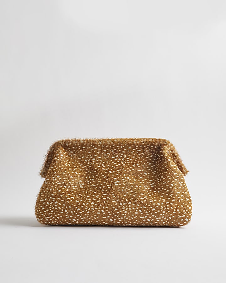 Brown Deer Print Hair On Leather Clutch Bag