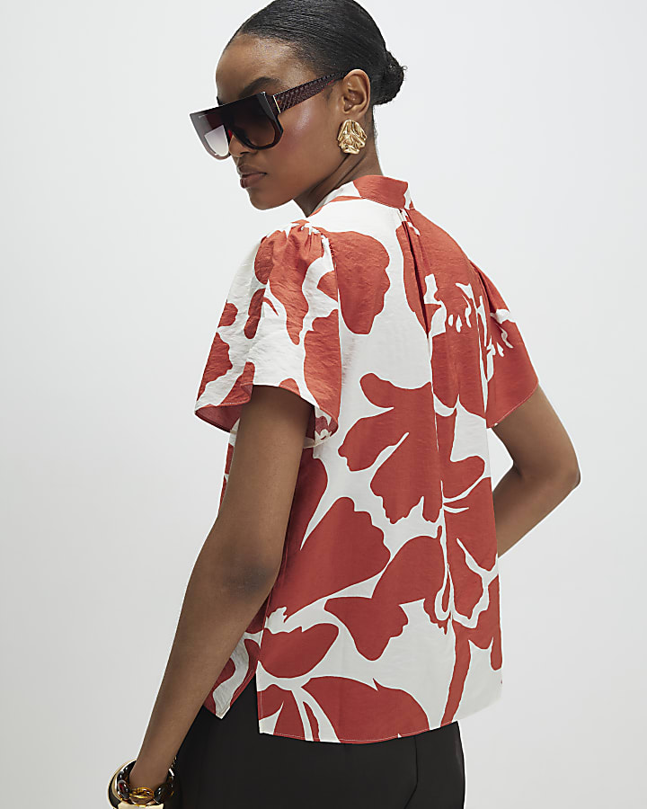 Orange Short Sleeve Printed Blouse