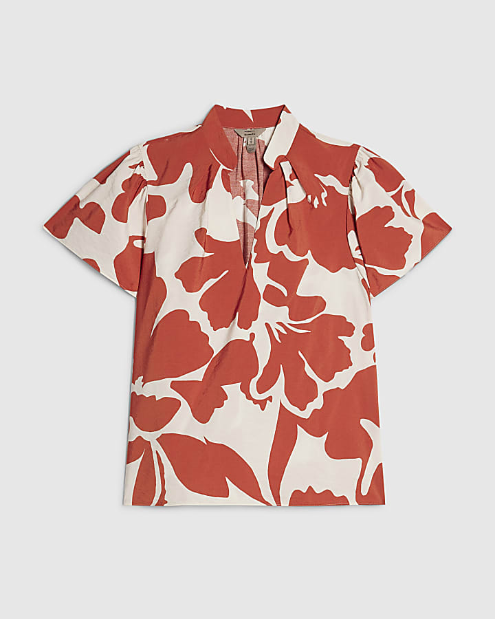 Orange Short Sleeve Printed Blouse