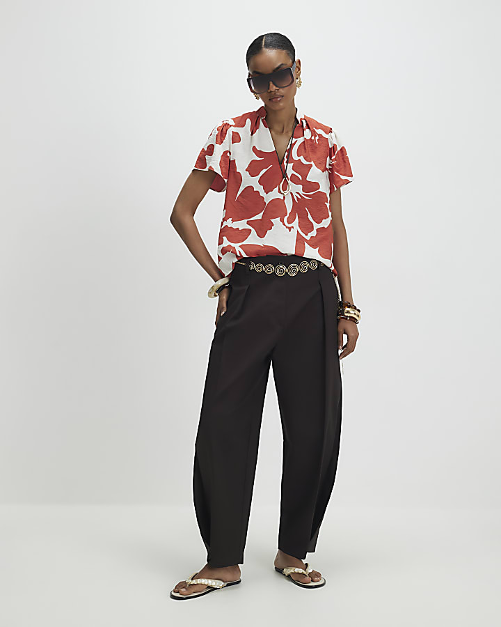 Orange Short Sleeve Printed Blouse