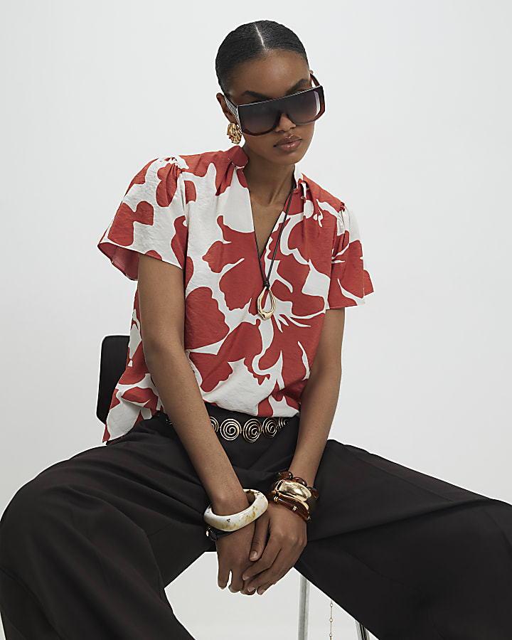 Orange Short Sleeve Printed Blouse