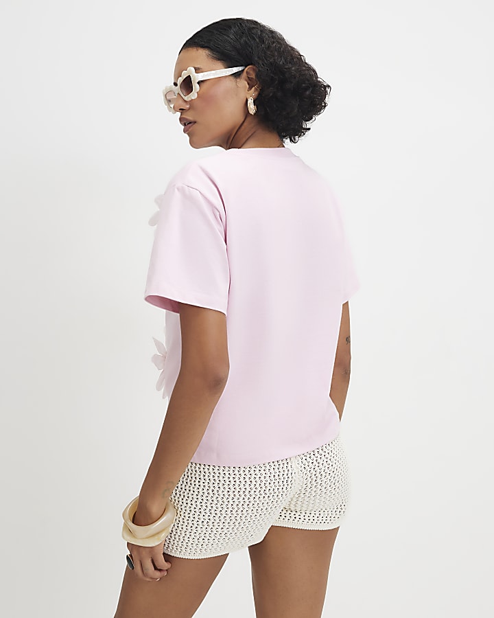 Pink Cotton Short Sleeve 3D Floral T-shirt