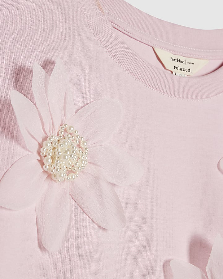 Pink Cotton Short Sleeve 3D Floral T-shirt