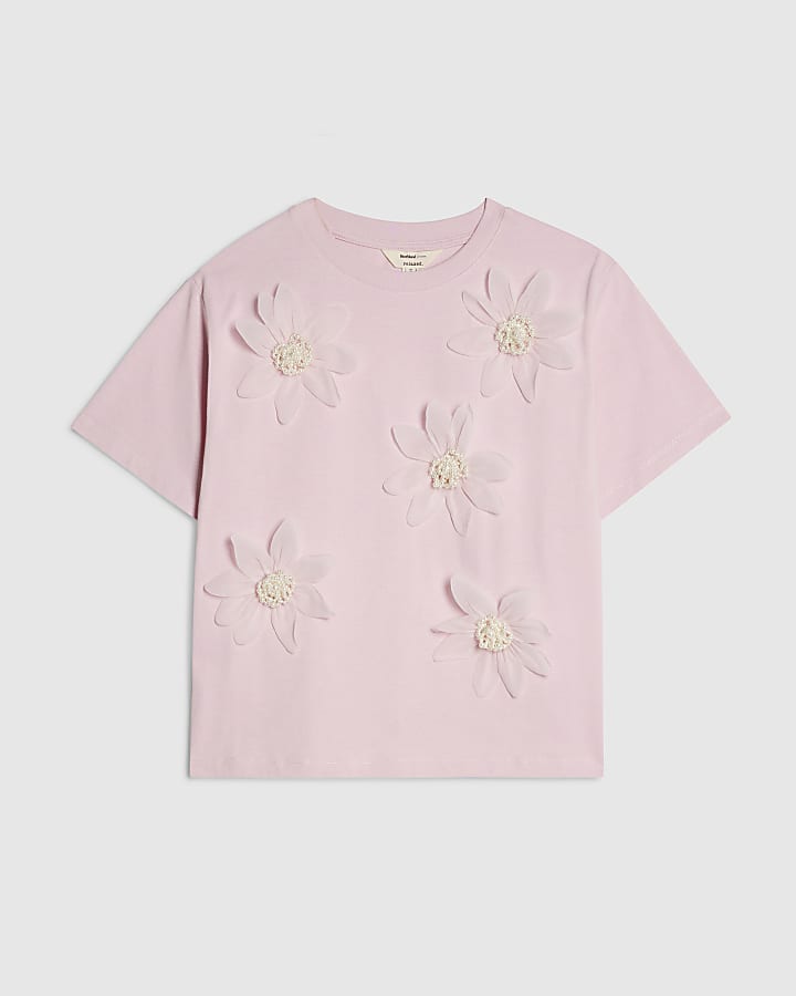 Pink Cotton Short Sleeve 3D Floral T-shirt
