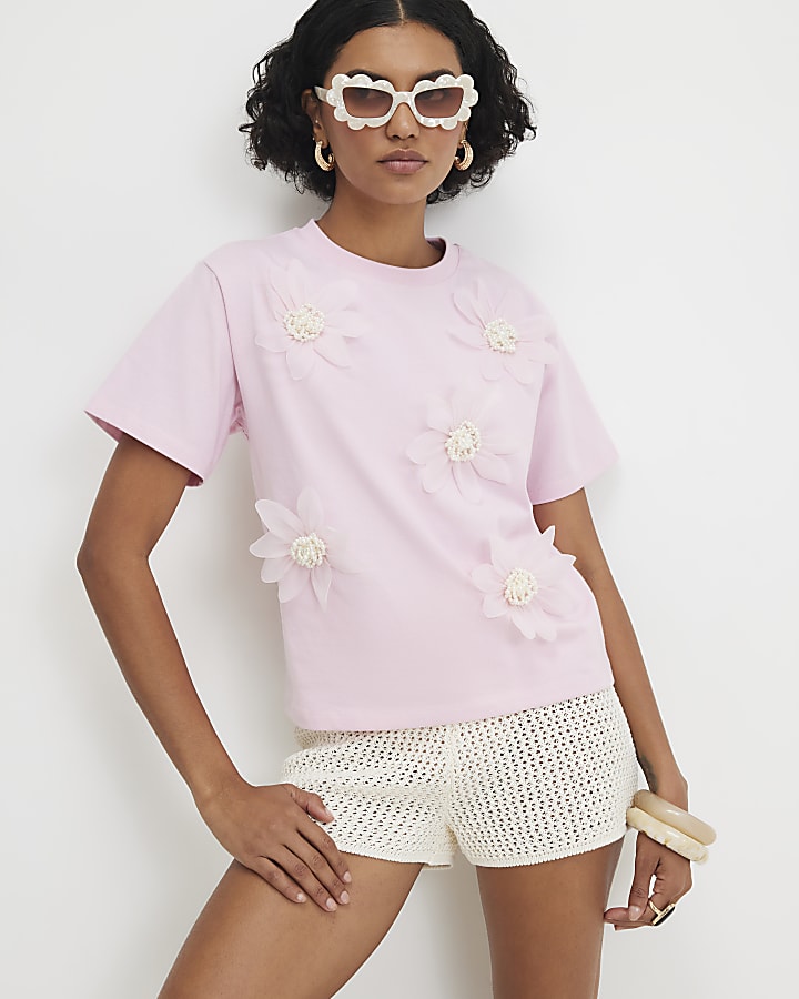 Pink Cotton Short Sleeve 3D Floral T-shirt