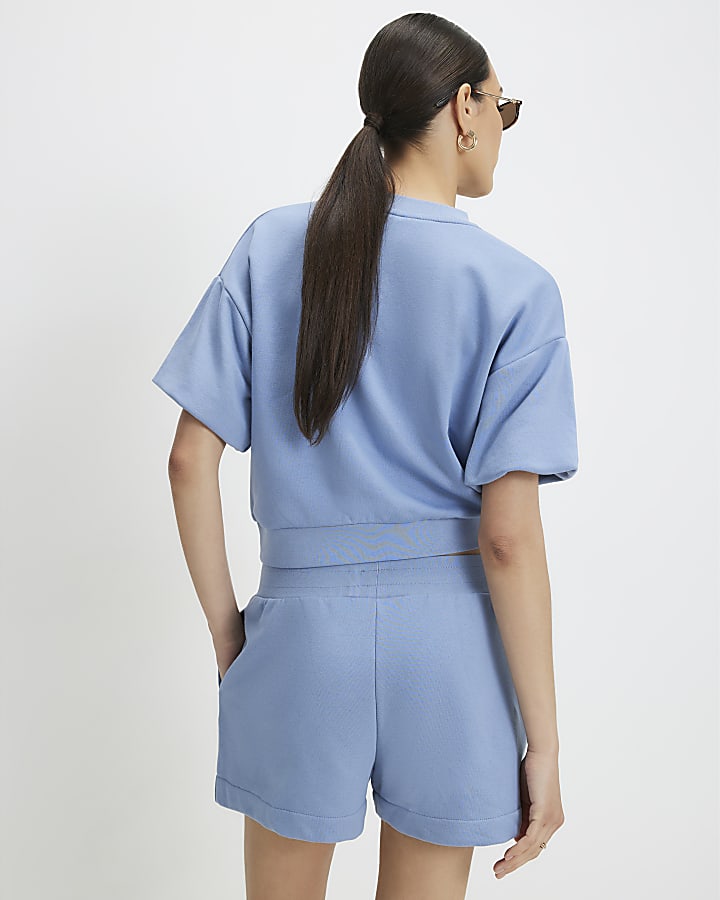 Blue Cotton Blend Bubble Sleeve Sweat T-shirt