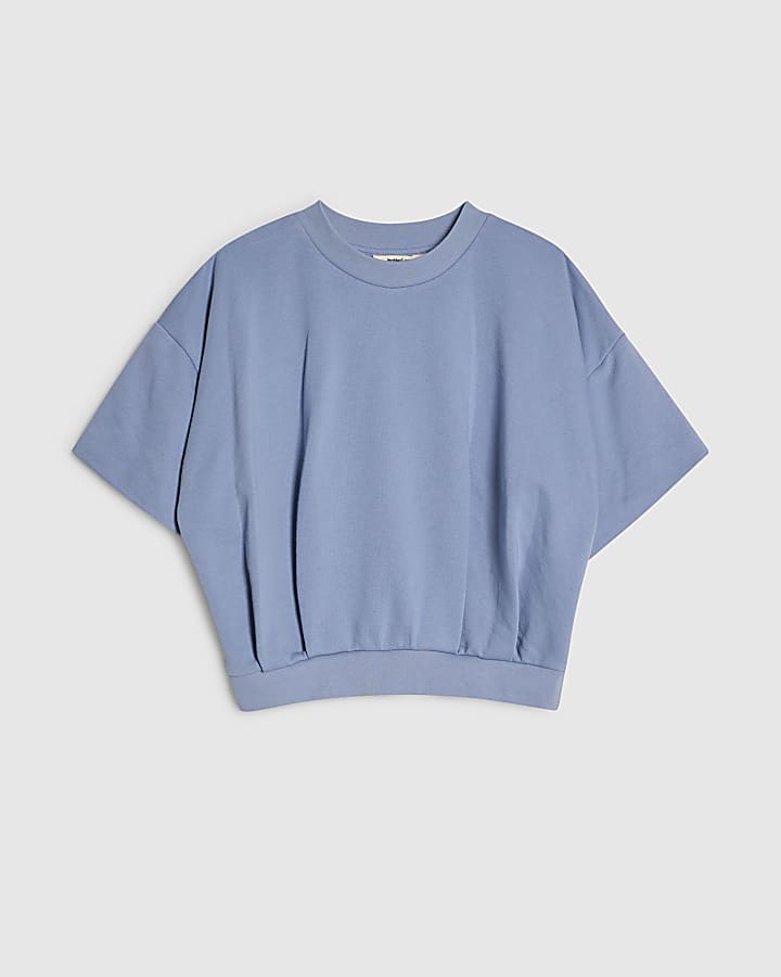 Blue Cotton Blend Bubble Sleeve Sweat T-shirt