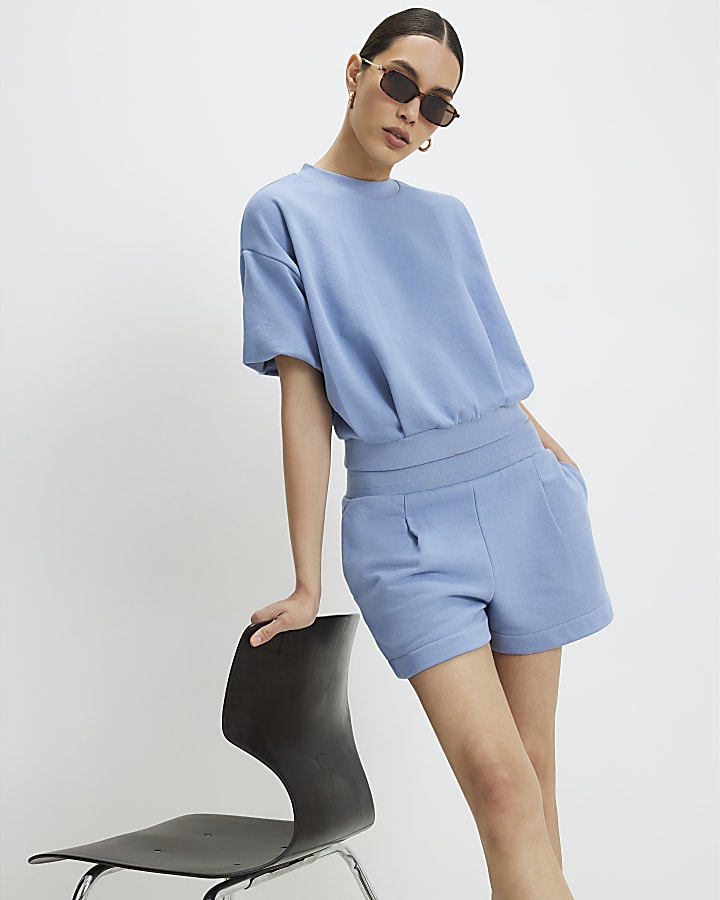 Blue Cotton Blend Bubble Sleeve Sweat T-shirt