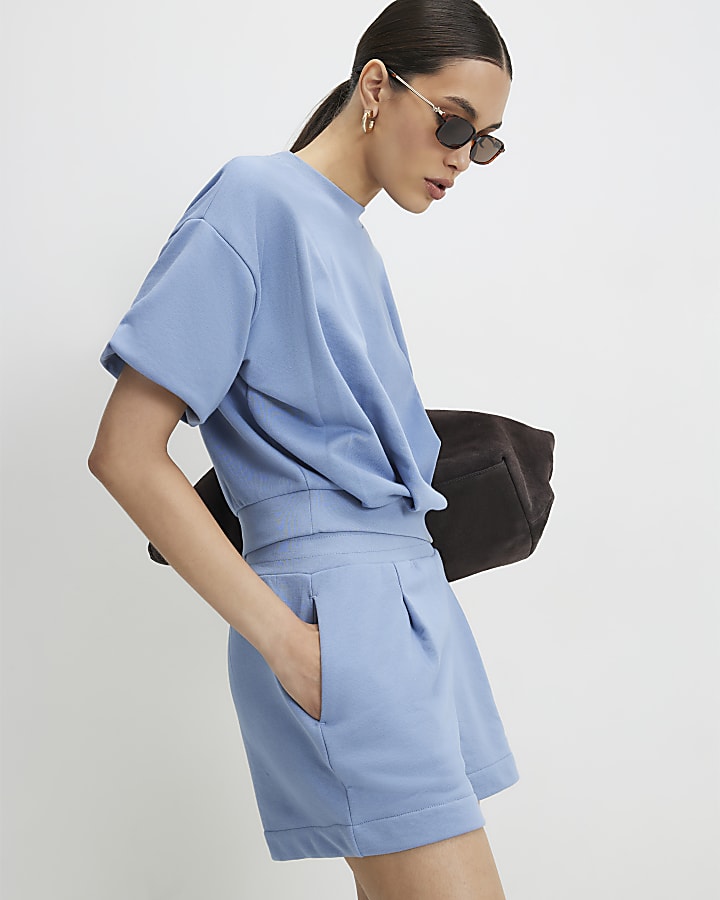 Blue Cotton Blend Bubble Sleeve Sweat T-shirt