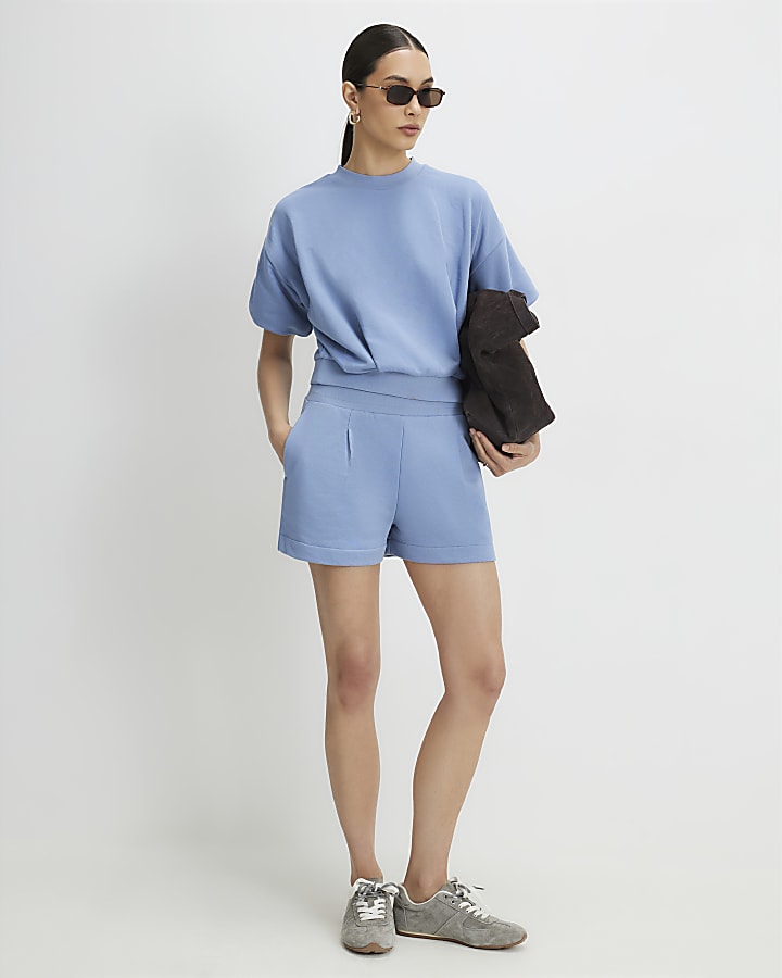 Blue Cotton Blend Bubble Sleeve Sweat T-shirt