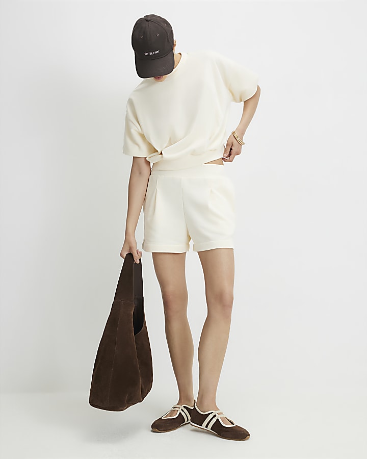 Cream Cotton blend Sweat Runner Shorts