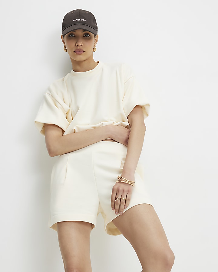 Cream Cotton blend Sweat Runner Shorts