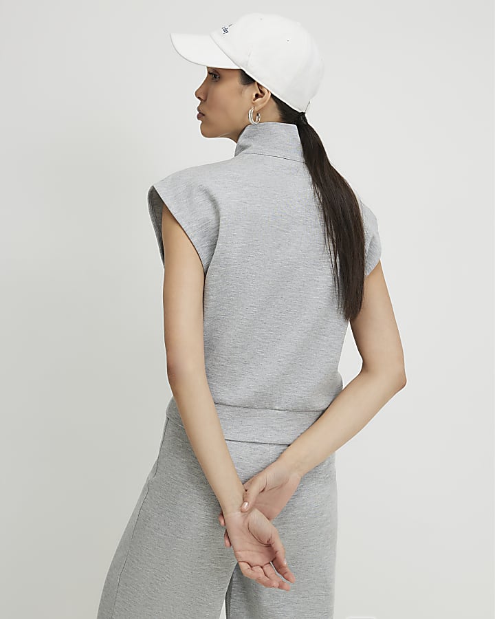 Grey Sleeveless Zip Through Interlock Top