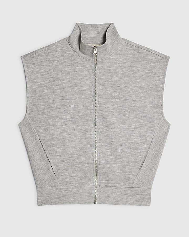 Grey Sleeveless Zip Through Interlock Top
