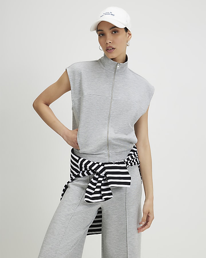 Grey Sleeveless Zip Through Interlock Top