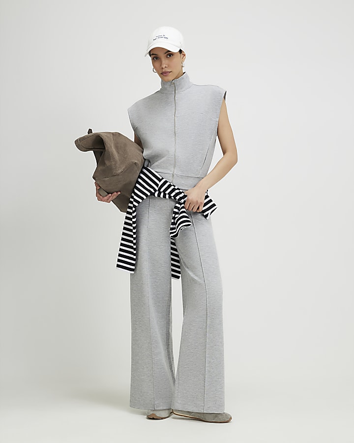 Grey Sleeveless Zip Through Interlock Top