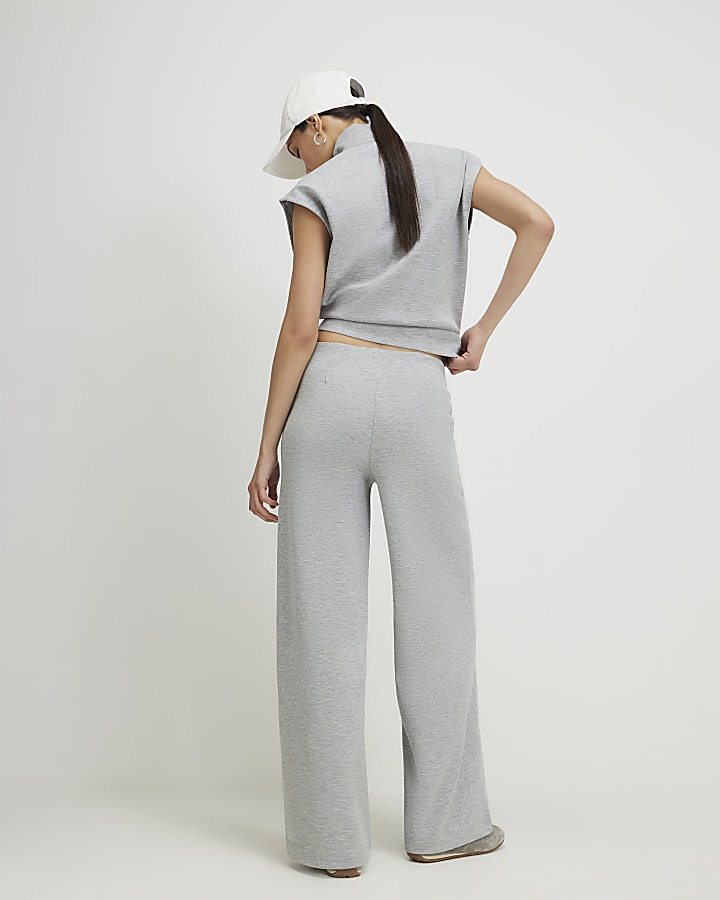 Grey Pintuck Interlock Wide Leg Joggers