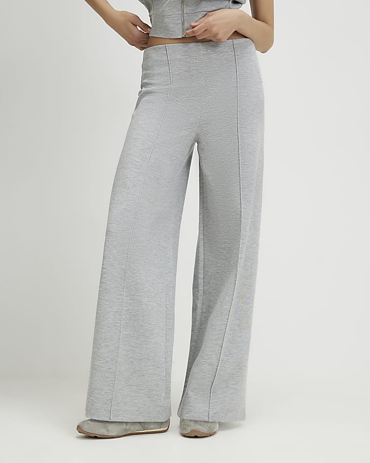 Grey Pintuck Interlock Wide Leg Joggers