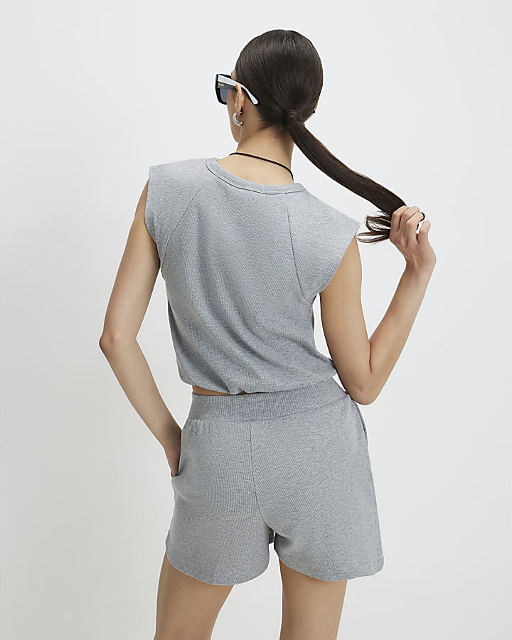 Grey Cotton Blend Ribbed Tank Top