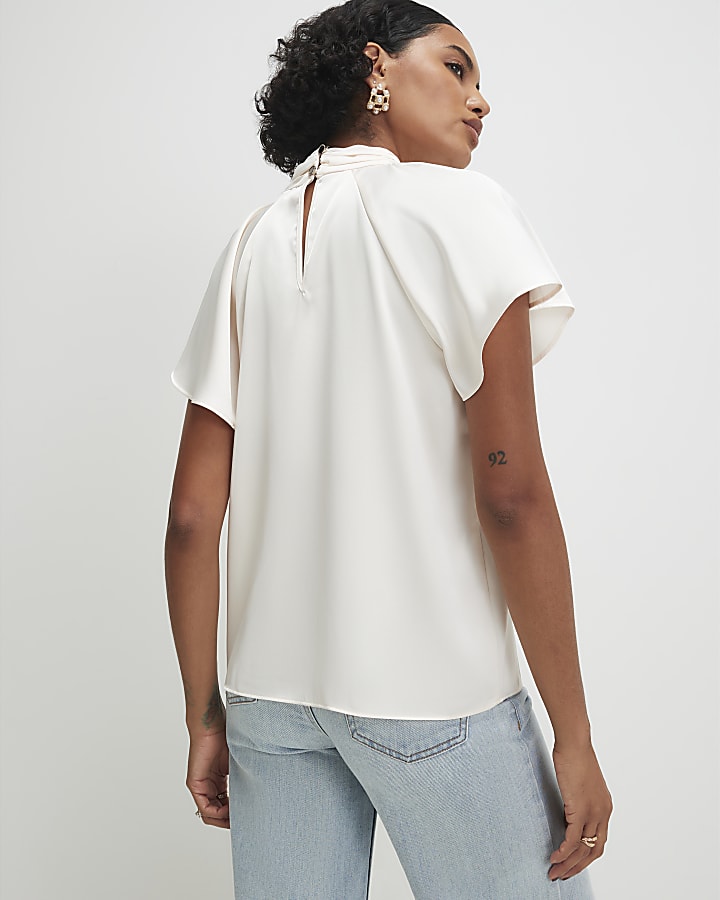 Cream Satin Angel Sleeve Twist Front Top