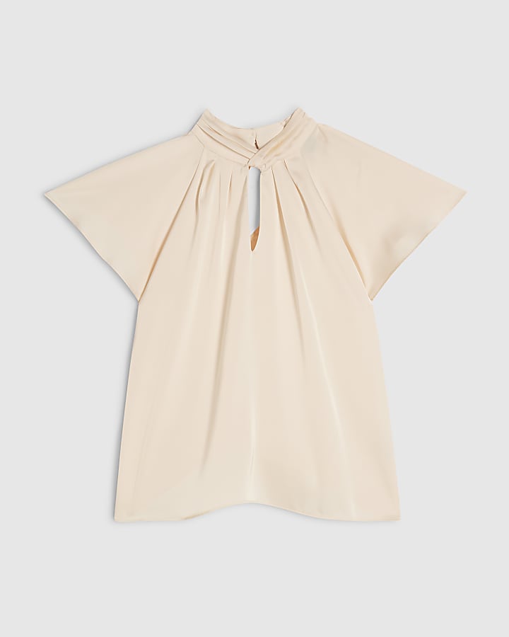 Cream Satin Angel Sleeve Twist Front Top
