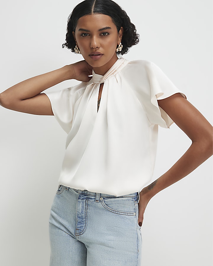 Cream Satin Angel Sleeve Twist Front Top
