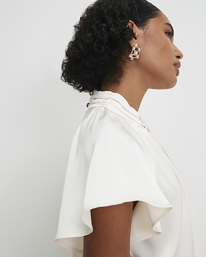 Cream Satin Angel Sleeve Twist Front Top