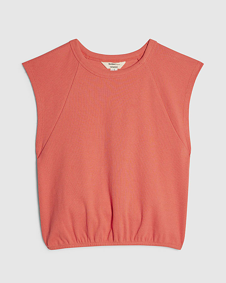 Orange Cotton Blend Ribbed Tank Top