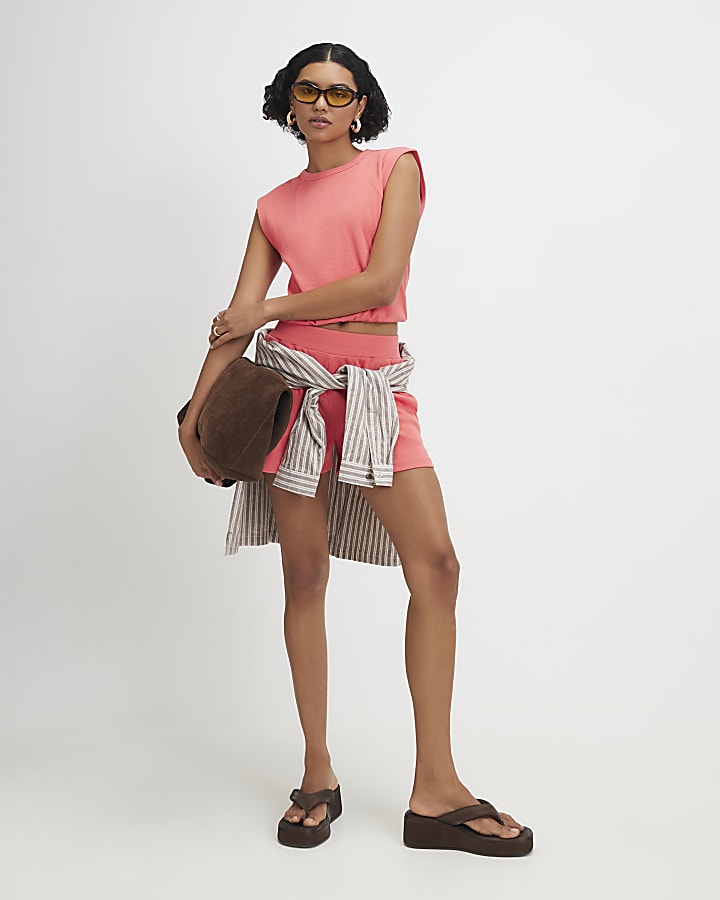 Orange Cotton Blend Ribbed Tank Top
