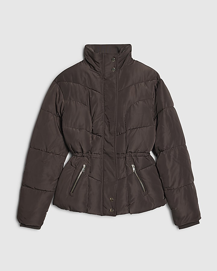 Brown Cinched Waist Padded Jacket